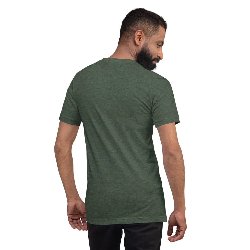 Man wearing a green EverGrace Coffee t-shirt on a white background