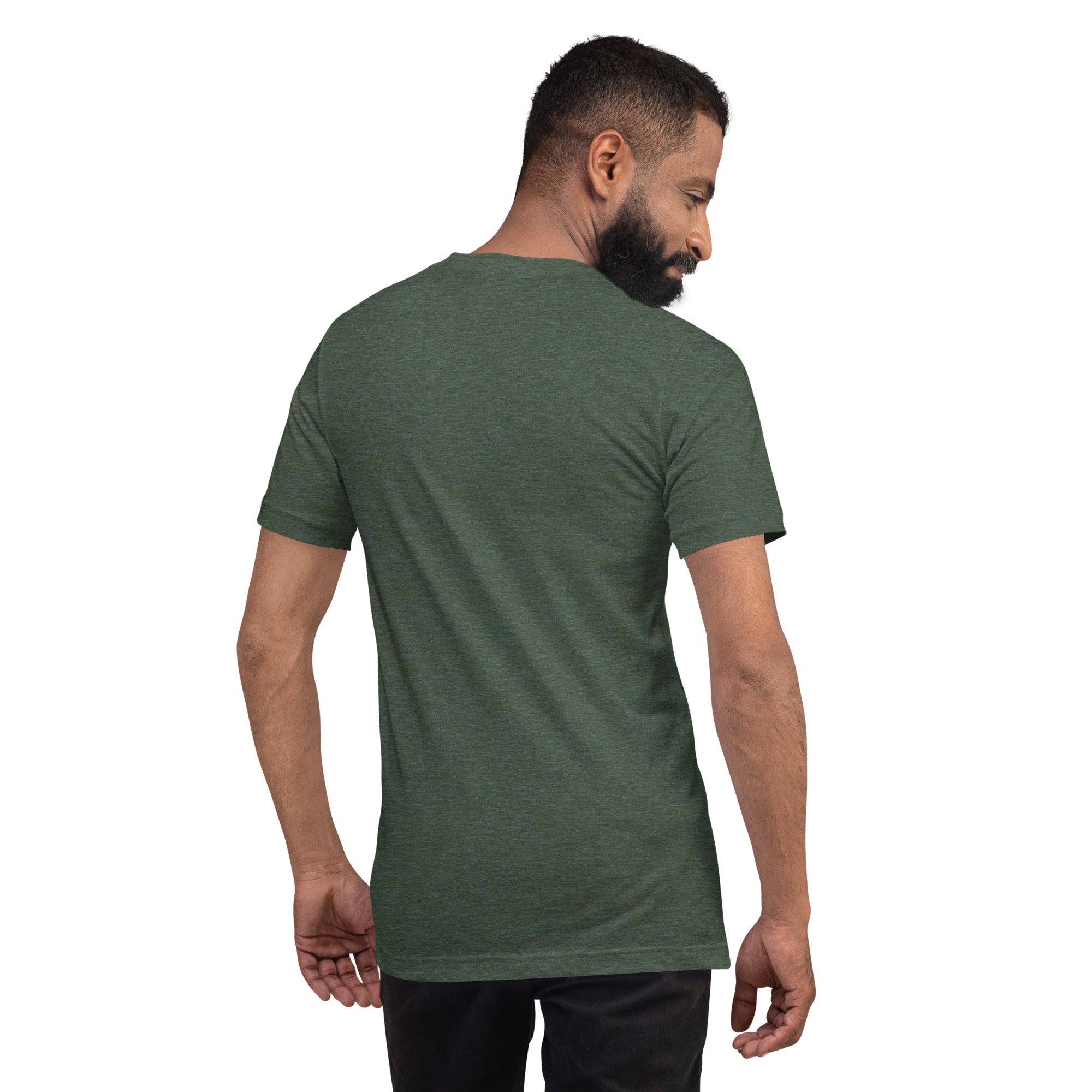 Man wearing a green EverGrace Coffee t-shirt on a white background