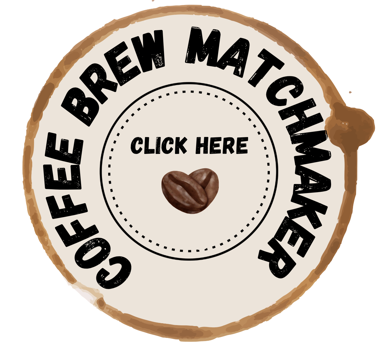 A circular coffee-themed graphic with the words 'COFFEE BREW MATCHMAKER' around the edge, a small coffee bean illustration in the center, and the text 'CLICK HERE' inside a dotted circle on a white background to connect with the EverGrace Coffee reccomended coffees. 