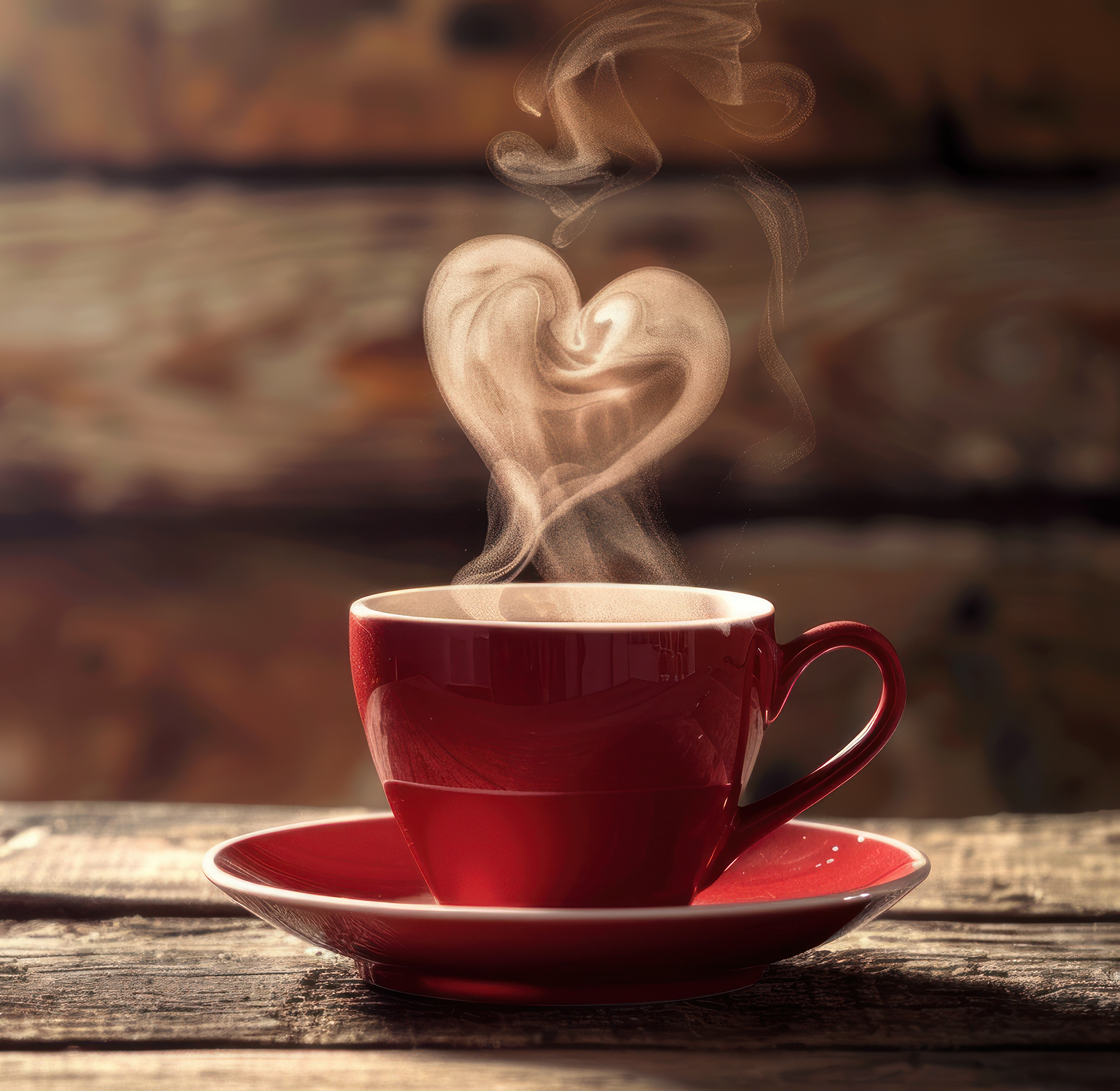 A red ceramic coffee cup and saucer filled with EverGrace Coffee, sitting on a rustic wooden table, with steam rising in the shape of a heart against a blurred wooden background.
