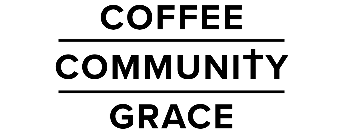 Black text reading 'COFFEE COMMUNITY GRACE' arranged in three lines with horizontal dividers on a white background. The 'T' in Community is a Christian cross.