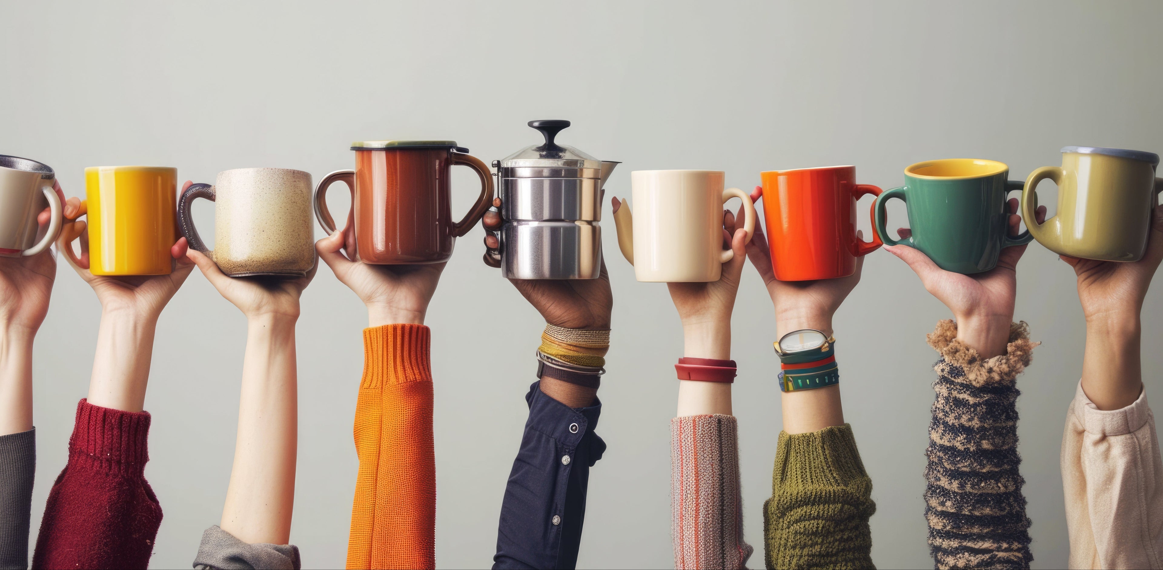 A row of colorful ceramic mugs and a small stainless steel coffee pot held up by multiple hands against a plain light gray background, symbolizing varieties with EverGrace Coffee.