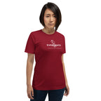 Woman wearing a red t-shirt with 'EverGrace Coffee' text and a coffee bean logo on a white background