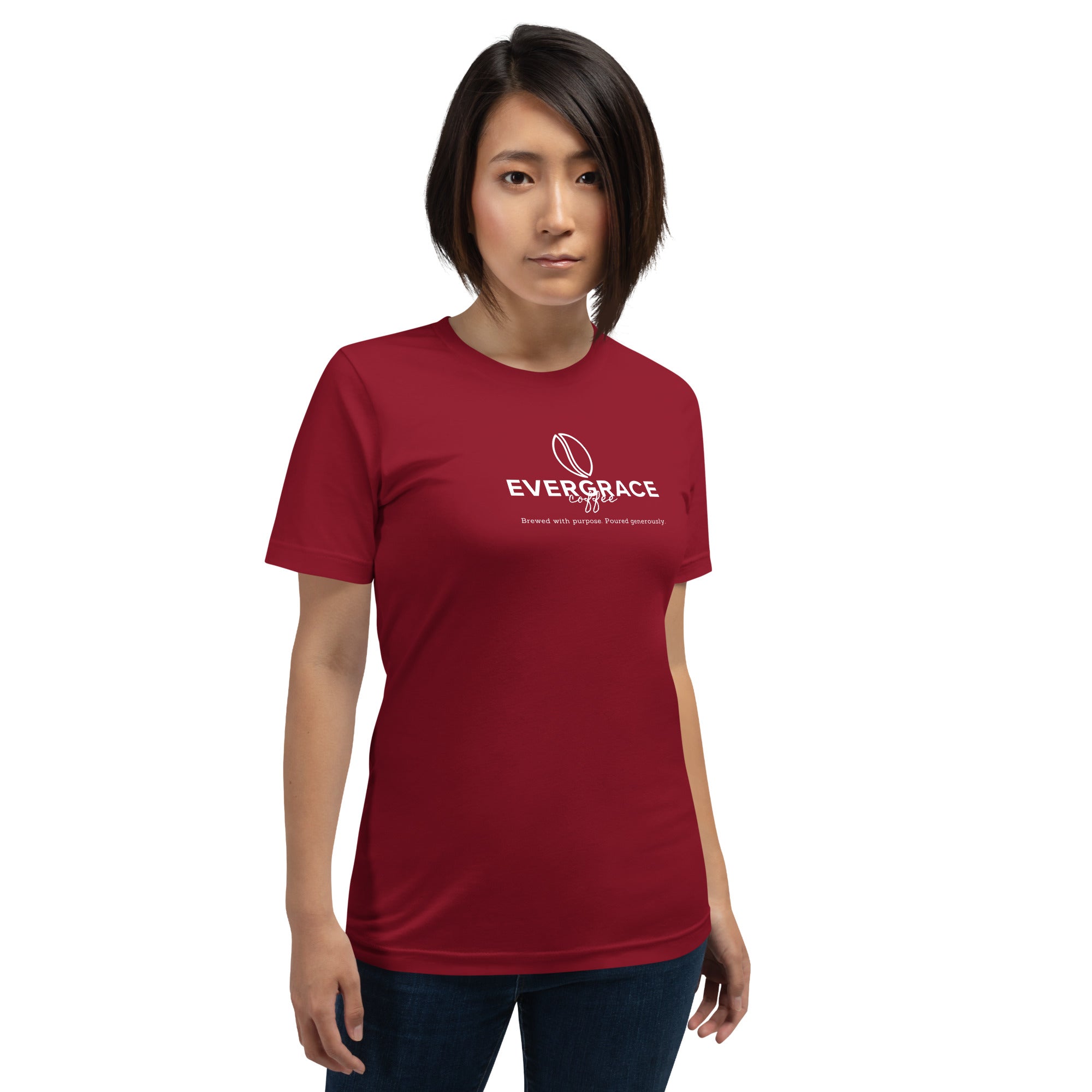 Woman wearing a red t-shirt with 'EverGrace Coffee' text and a coffee bean logo on a white background