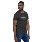 A man wearing a dark charcoal gray crewneck t-shirt with a white 'EVERGRACE Coffee' logo printed on the chest, paired with blue jeans, set against a plain white background.