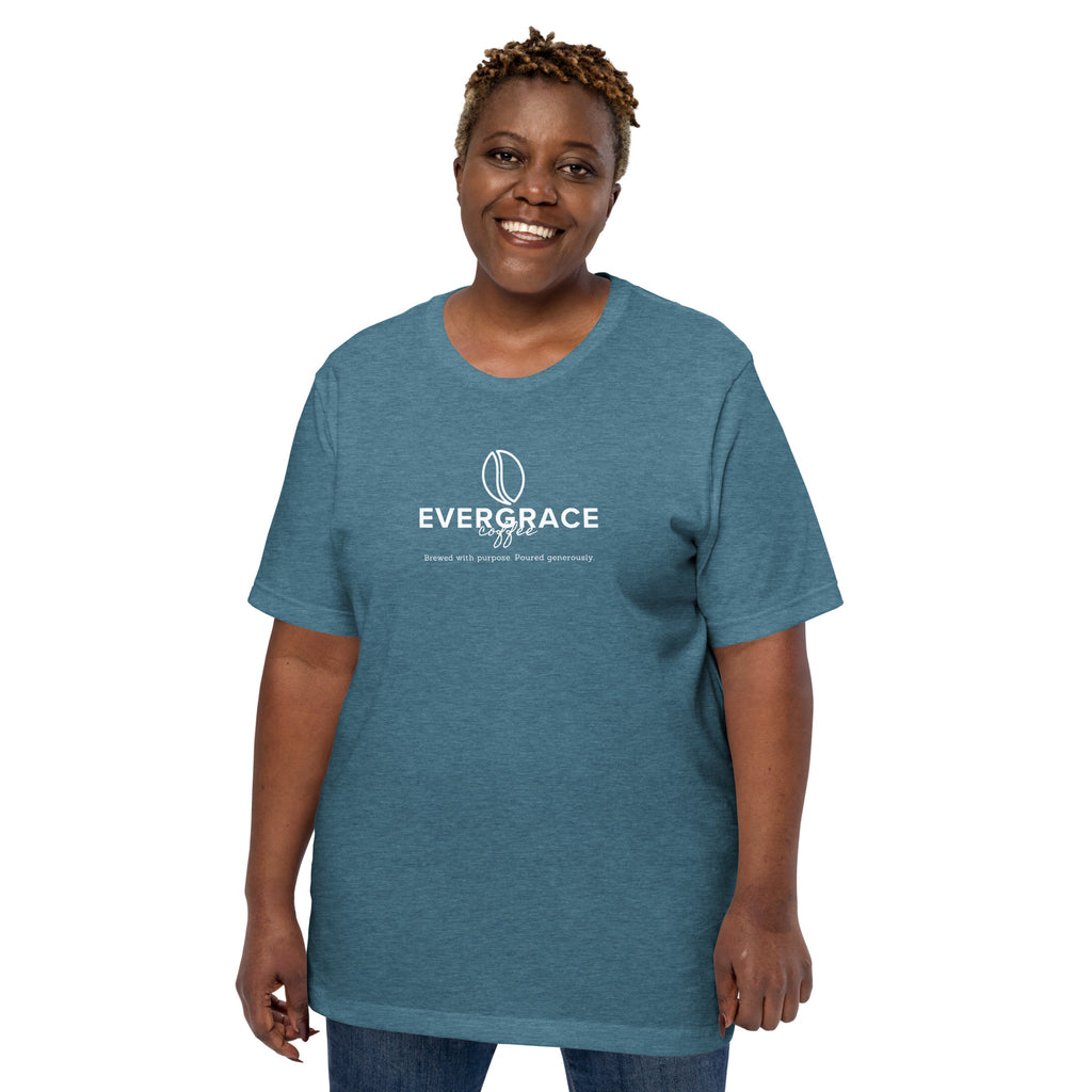 A woman modeling a heathered blue crewneck t-shirt with a white 'EverGrace Coffee' logo printed on the chest, set against a plain white background.