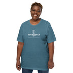 A woman modeling a heathered blue crewneck t-shirt with a white 'EverGrace Coffee' logo printed on the chest, set against a plain white background.