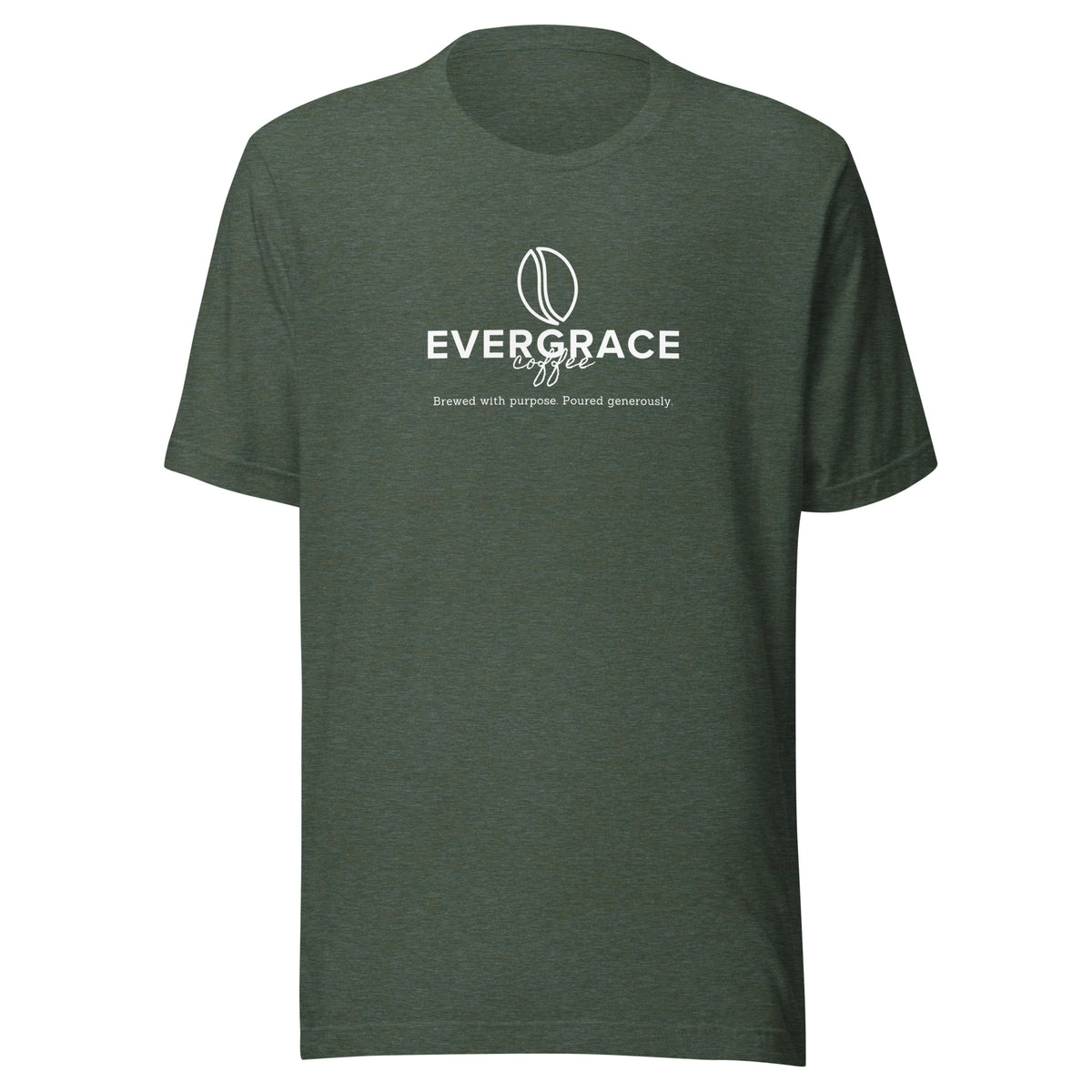 A dark heather green short-sleeve t-shirt with 'EverGrace Coffee' printed in white block letters across the chest and a coffee bean logo, shown on a plain white background.