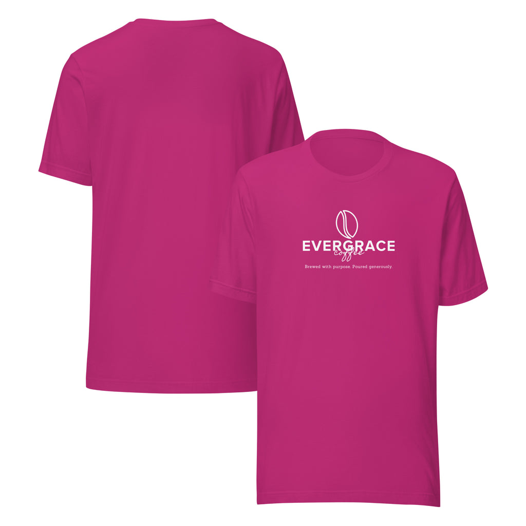 Pink t-shirt with 'EverGrace Coffee' text and a coffee bean logo on a white background