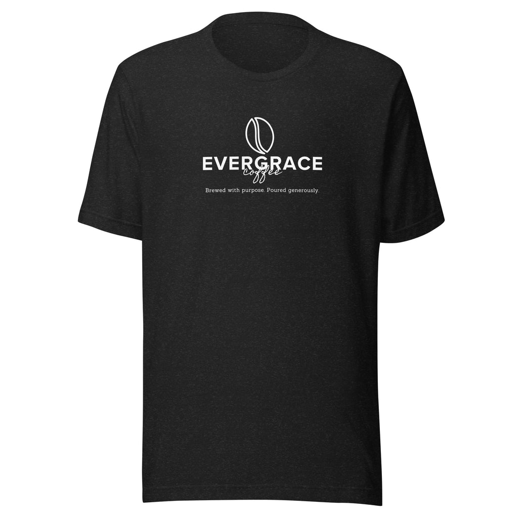 Heathered Black t-shirt with white "EverGrace Coffee" text and a coffee bean logo on a white background