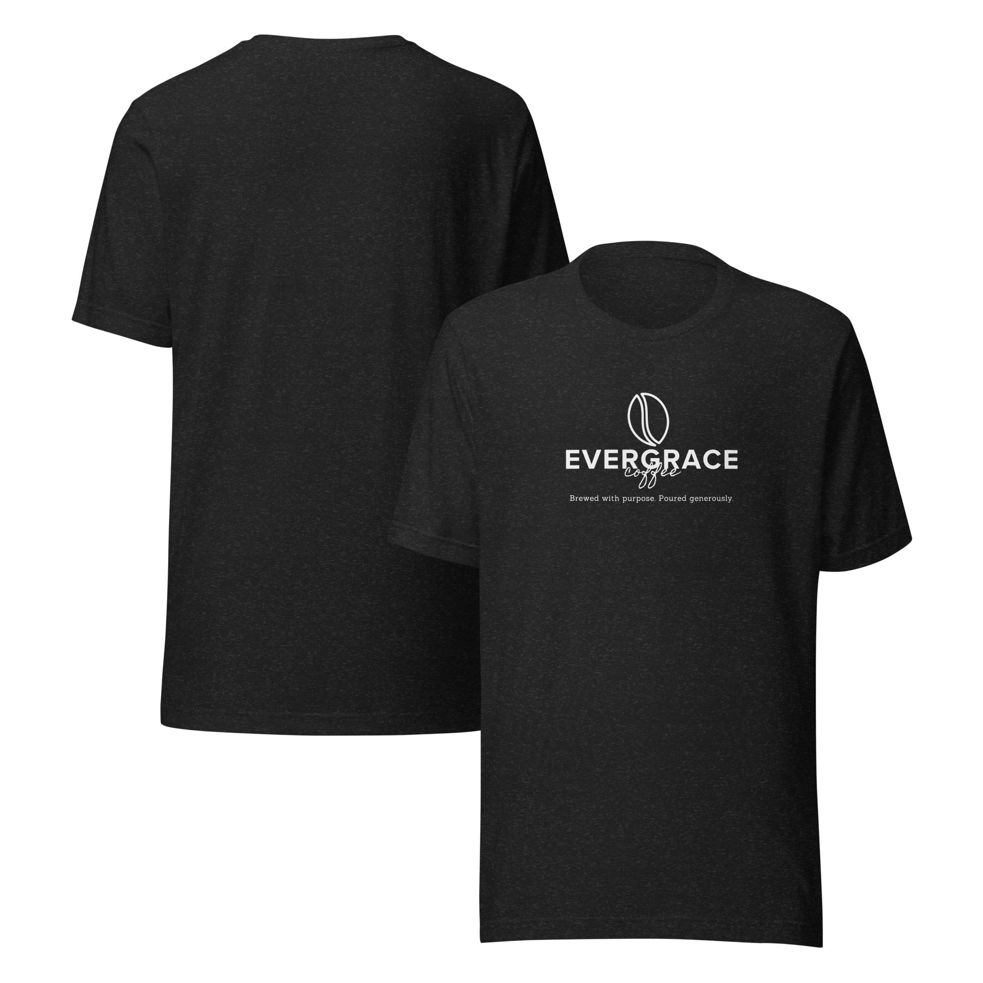 Heathered Black T-shirt with the EverGrace Coffee logo on the chest displayed from front and back on a white background