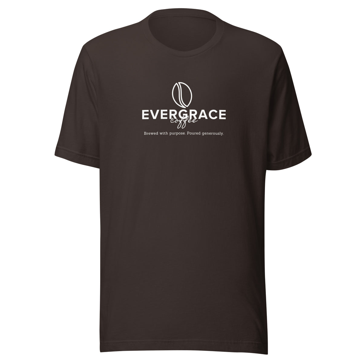 Brown t-shirt with white "EverGrace Coffee" text and a coffee bean logo on a white background