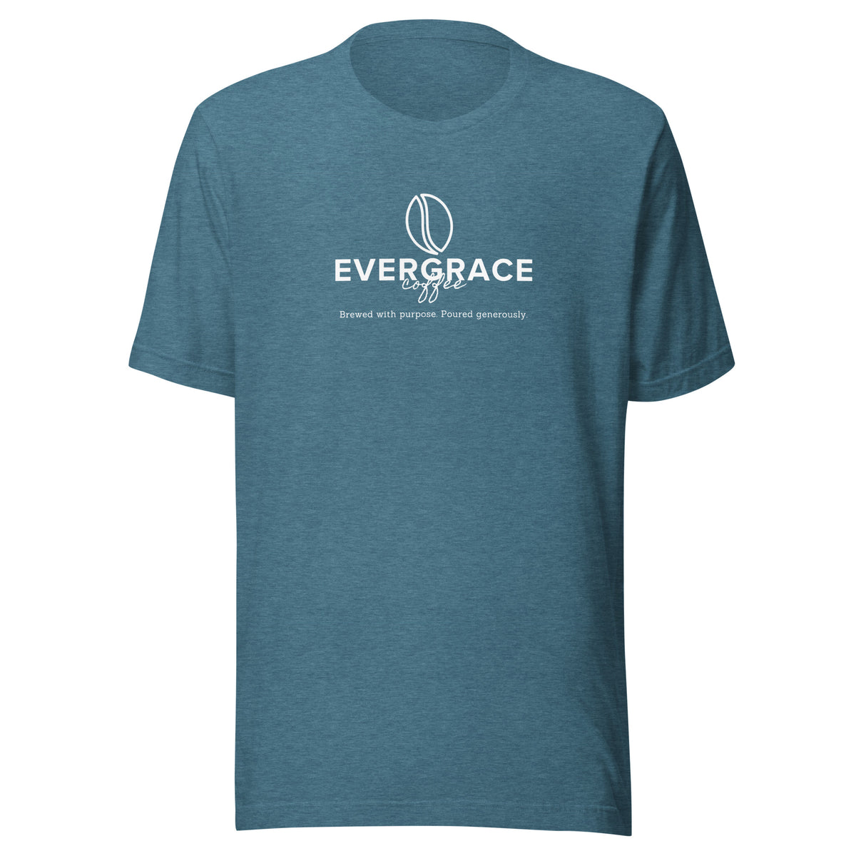 Teal t-shirt with 'EverGrace Coffee' text and a coffee bean logo on a white background