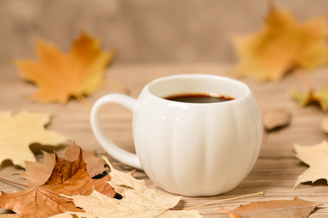 White pumpkin mug with EverGrace Coffee on a wood table with fall leaves around it.