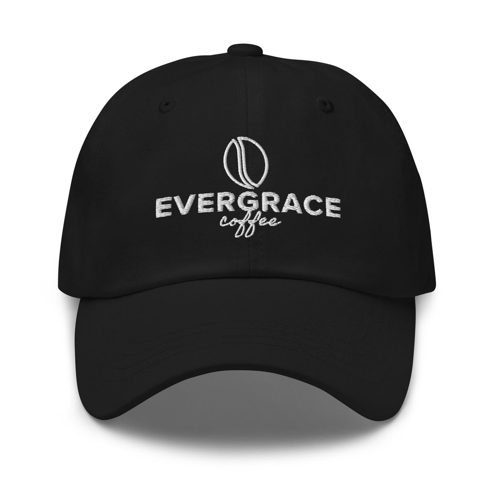 Black cap with 'EverGrace Coffee' text and a coffee bean logo on a white background
