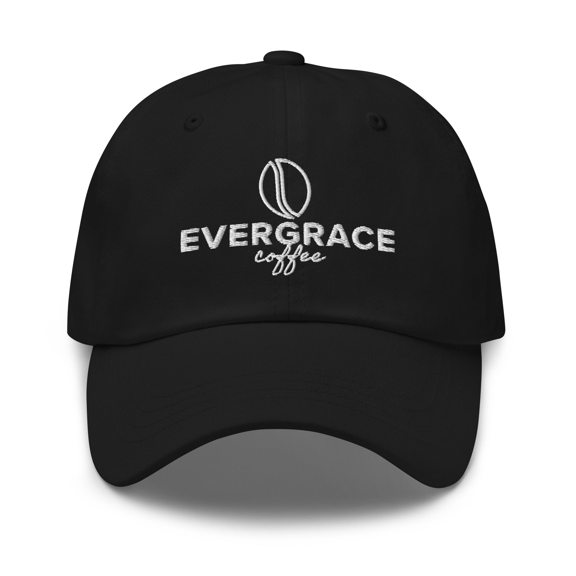 Black cap with 'EverGrace Coffee' text and a coffee bean logo on a white background