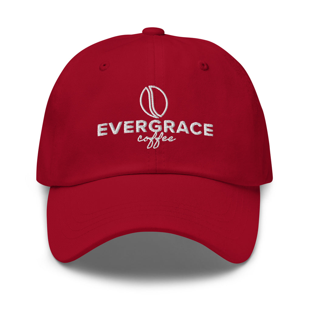 Red cap with 'EverGrace Coffee' text and a coffee bean logo on a white background