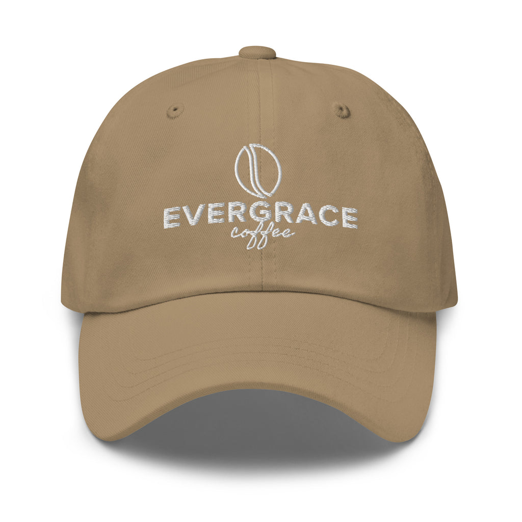 Tan cap with 'EverGrace Coffee' text and a coffee bean logo on a white background