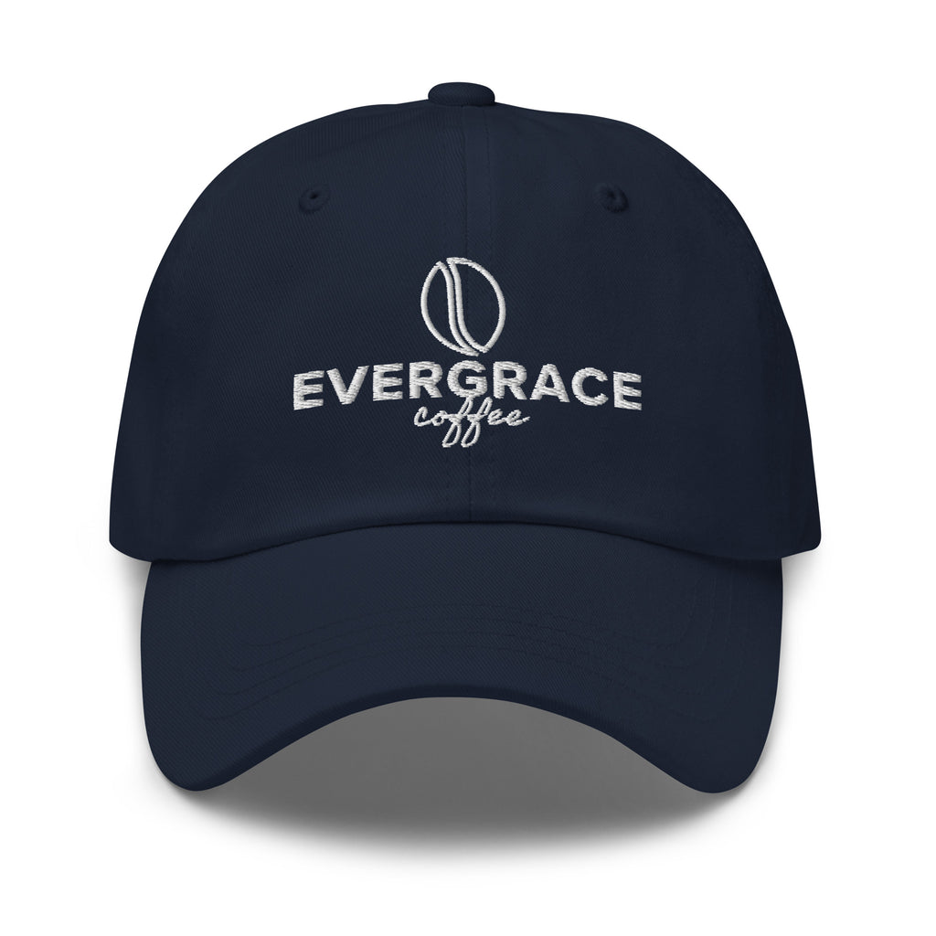 A navy blue baseball cap with a white embroidered logo and text reading 'EVERGRACE coffee' with a coffee bean logo on the front, shown against a plain white background.