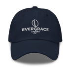 A navy blue baseball cap with a white embroidered logo and text reading 'EVERGRACE coffee' with a coffee bean logo on the front, shown against a plain white background.