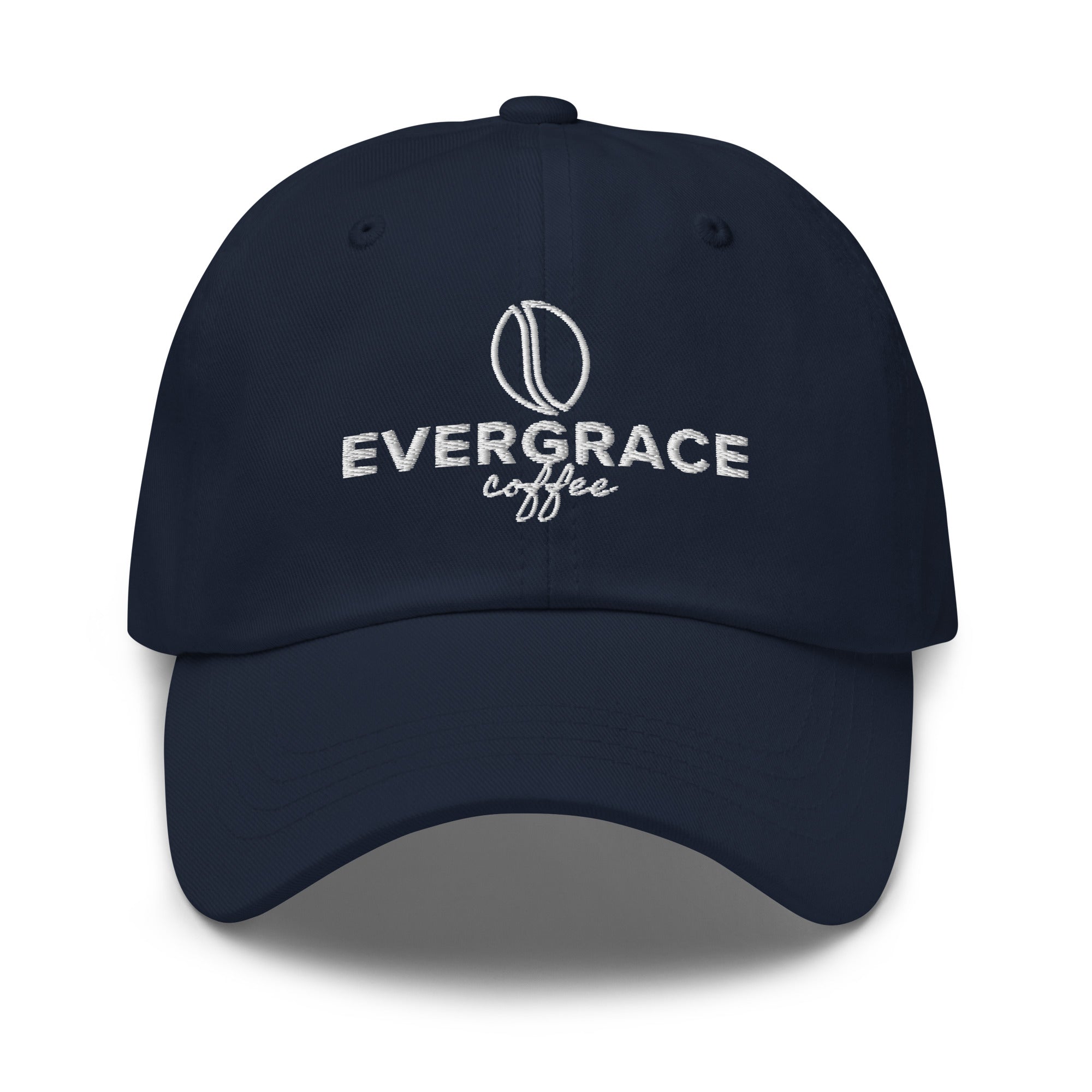 A navy blue baseball cap with a white embroidered logo and text reading 'EVERGRACE coffee' with a coffee bean logo on the front, shown against a plain white background.