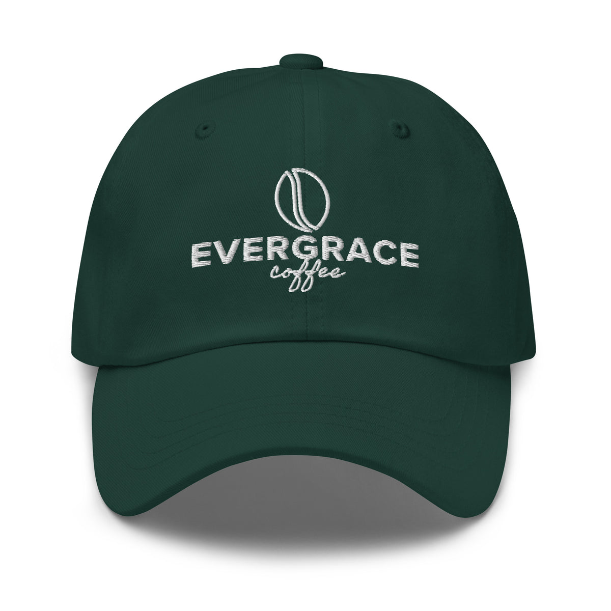 A dark green baseball cap with 'EverGrace Coffee' and a coffee bean logo embroidered in white on the front, set against a white background.