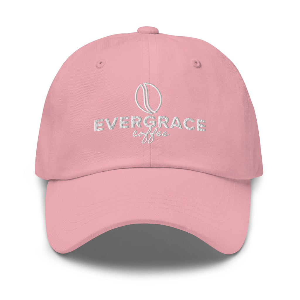 Light pink cap with 'EverGrace Coffee" text and a coffee bean logo on a white background