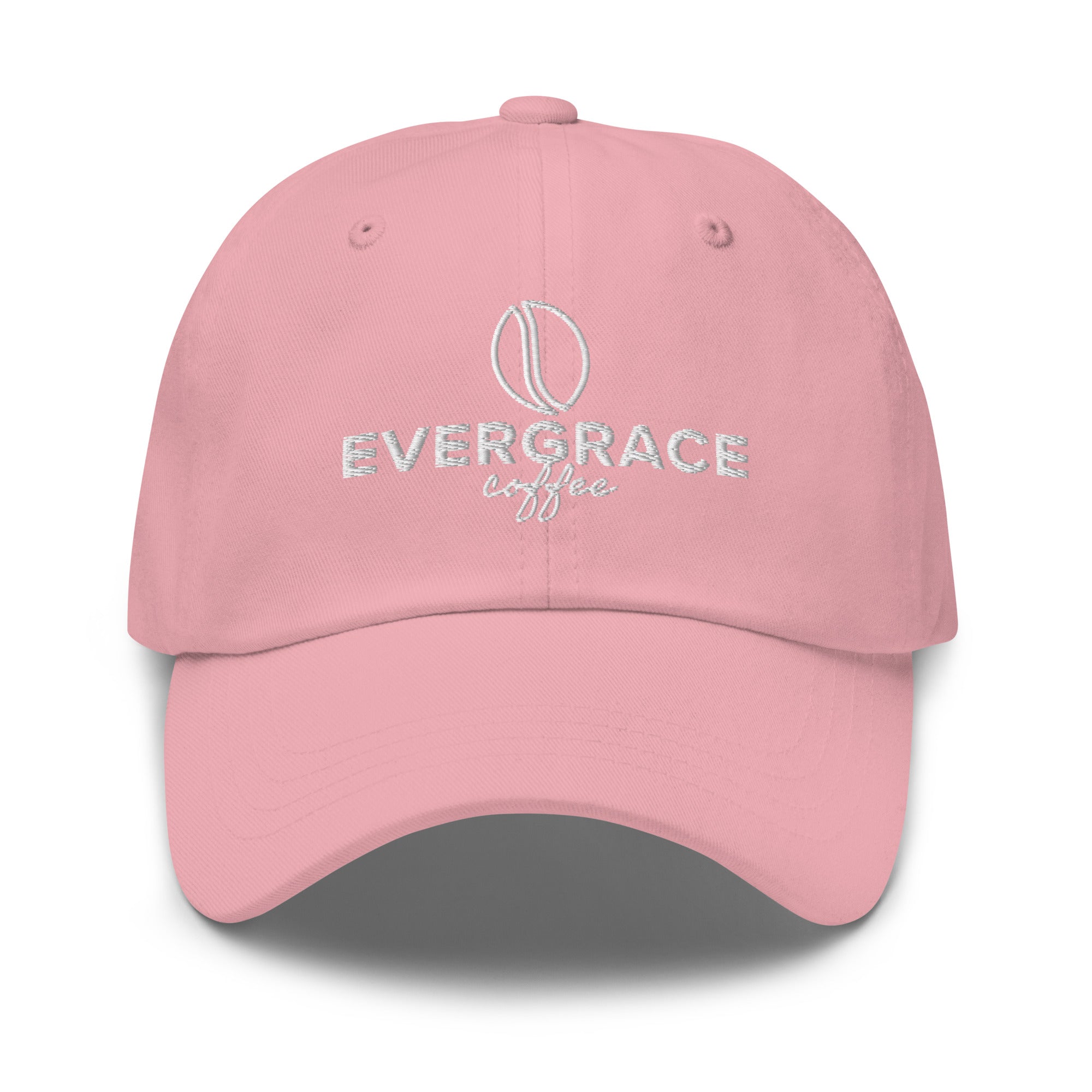 Light pink cap with 'EverGrace Coffee" text and a coffee bean logo on a white background