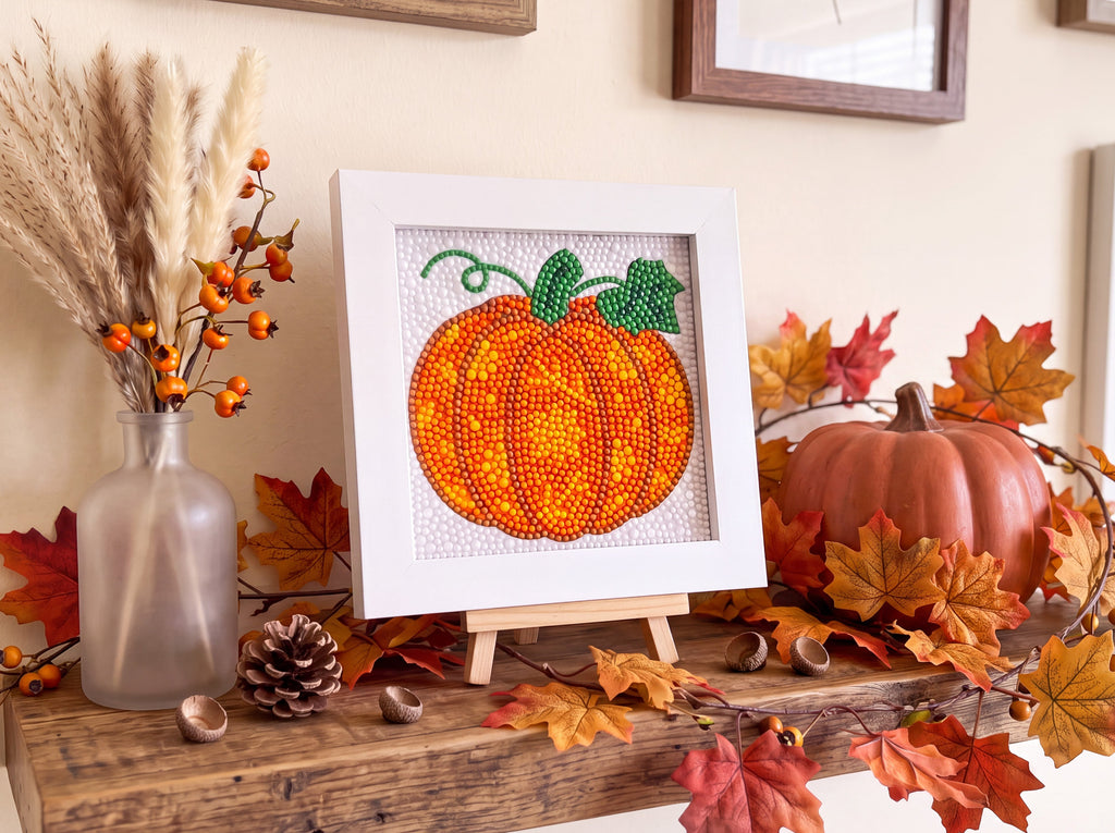 A framed diamond painting of an orange pumpkin with green leaves, displayed on a rustic wooden shelf in an autumn-themed setting with artificial leaves, a small pumpkin, and dried grass in a glass vase.