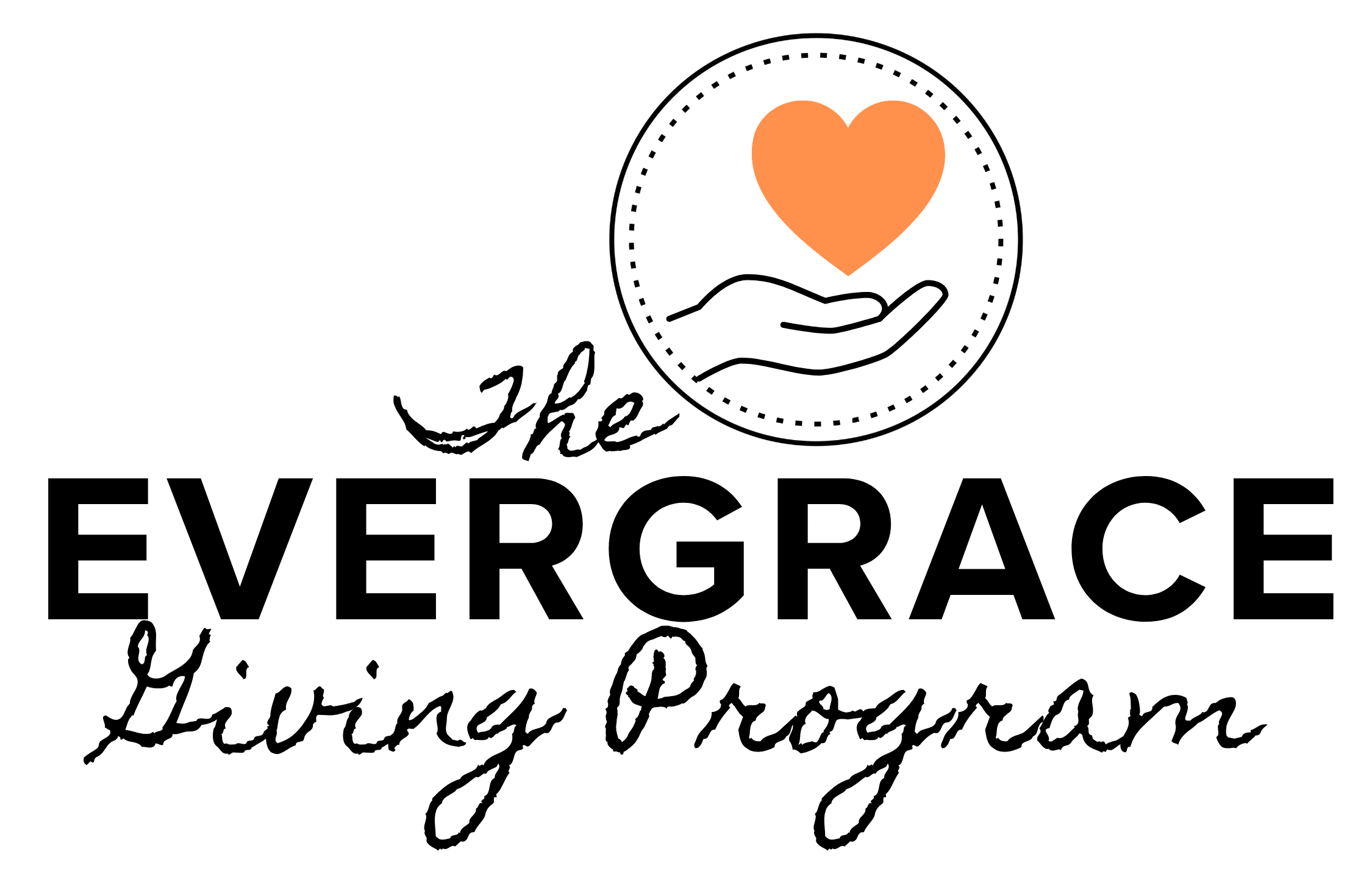 The EverGrace Giving Progam logo with text and an orange heart over an open hand, symbolizing care for others, all inside of a circle above the text. 