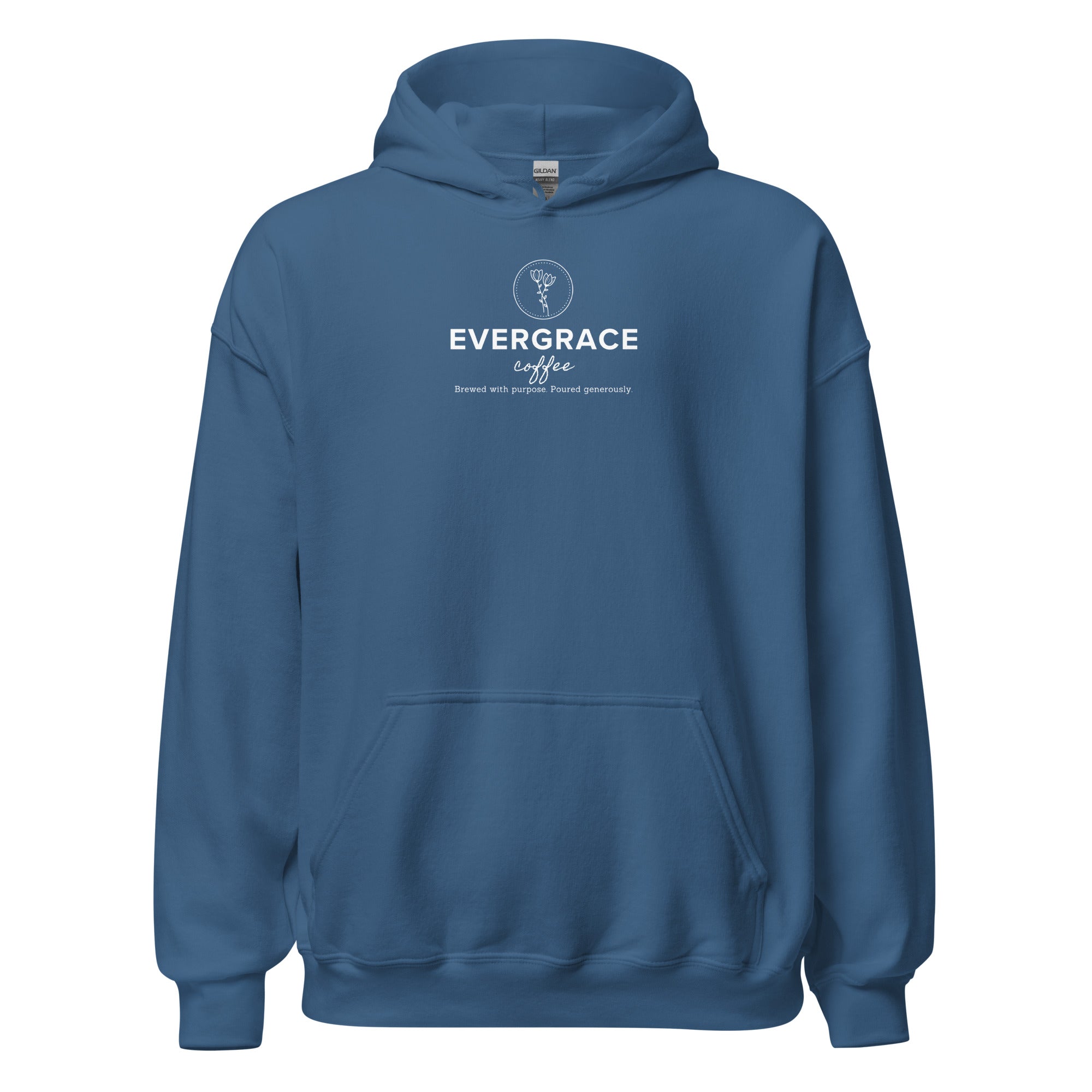 EverGrace Coffee Unisex Hoodie with Flora design in indigo blue, front view