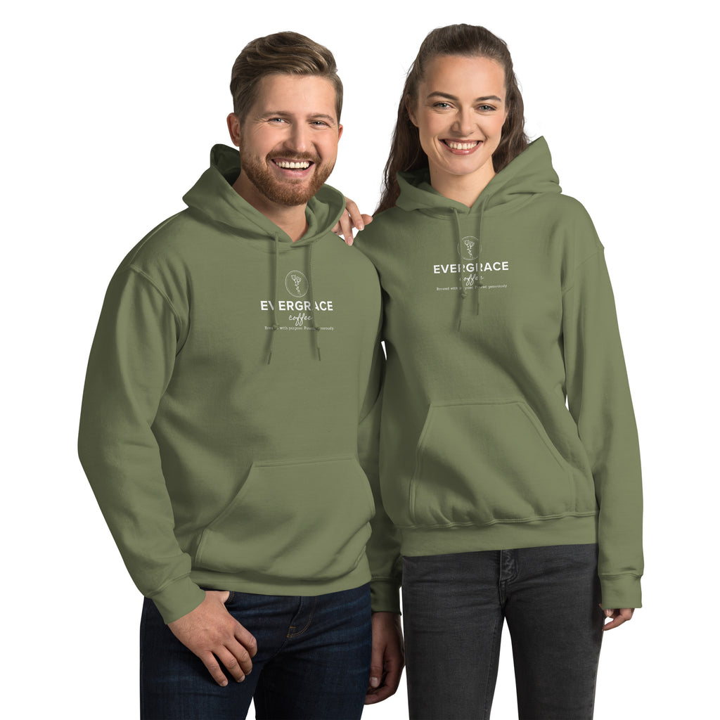 EverGrace Coffee Unisex Hoodie with Flora design in military green, front view