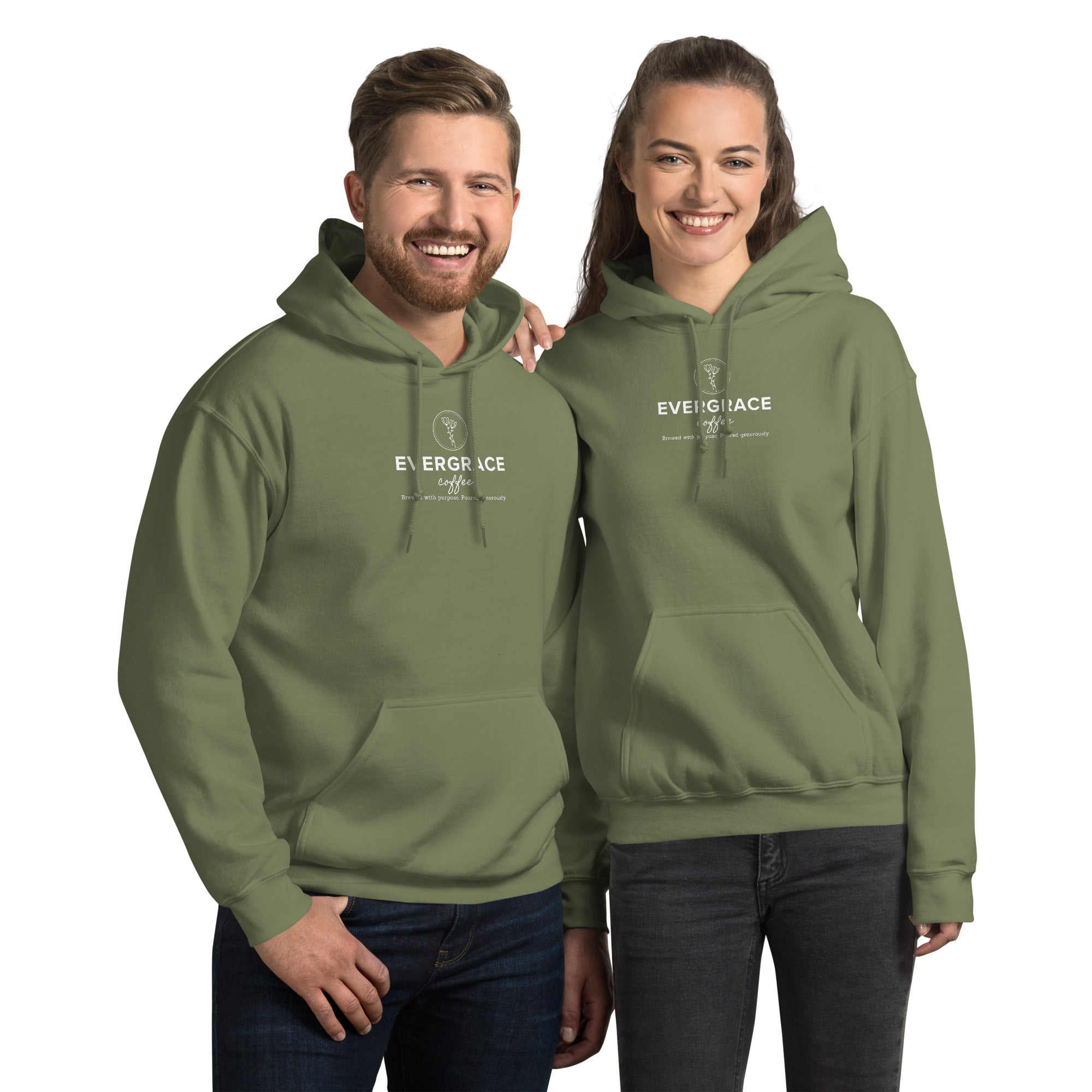 EverGrace Coffee Unisex Hoodie with Flora design in military green, front view