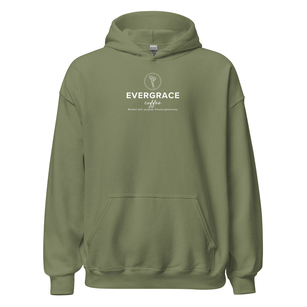 EverGrace Coffee Unisex Hoodie with Flora design in military green, front view