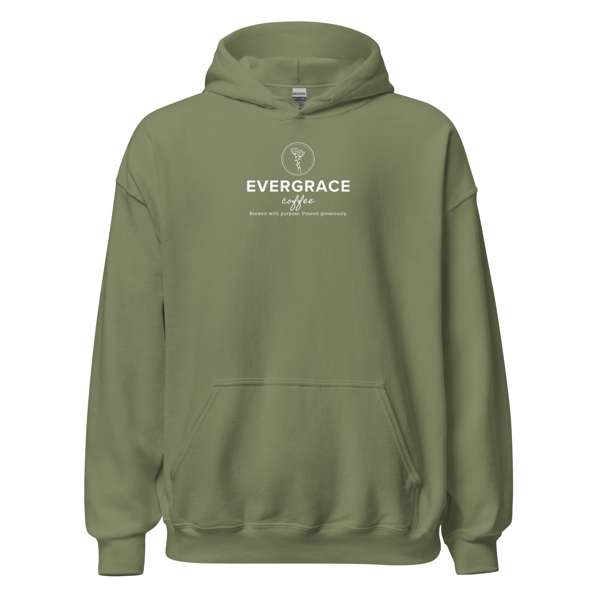 EverGrace Coffee Unisex Hoodie with Flora design in military green, front view