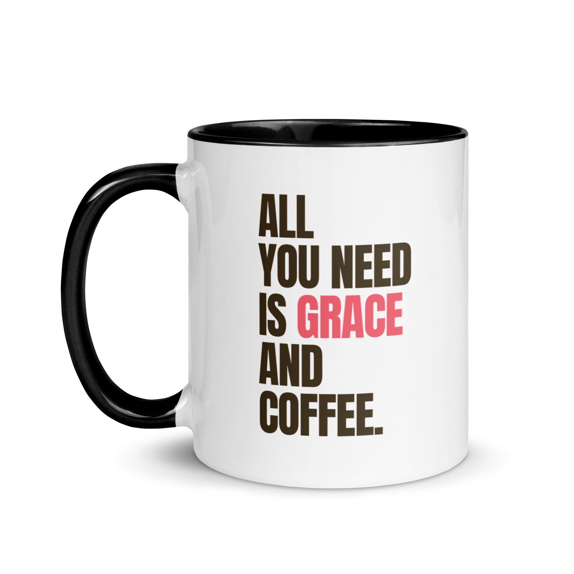 EverGrace Coffee Two-tone Ceramic Mug with All You Need Is Grace design in 11 oz black, left side view