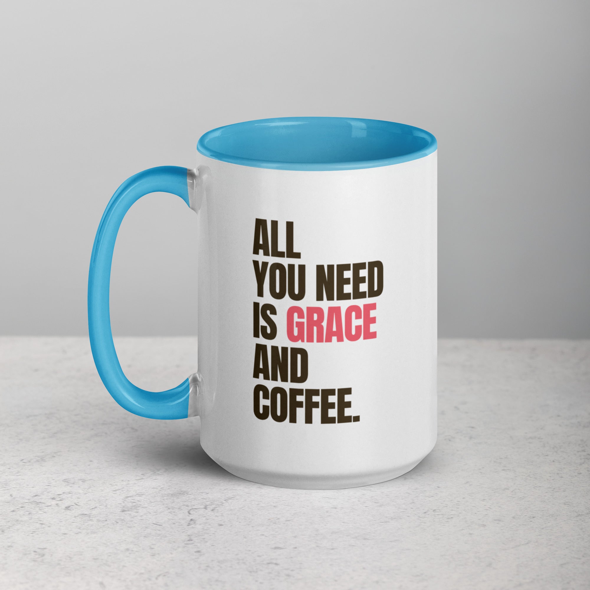 EverGrace Coffee Two-tone Ceramic Mug with All You Need Is Grace design in 15 oz white, left side view