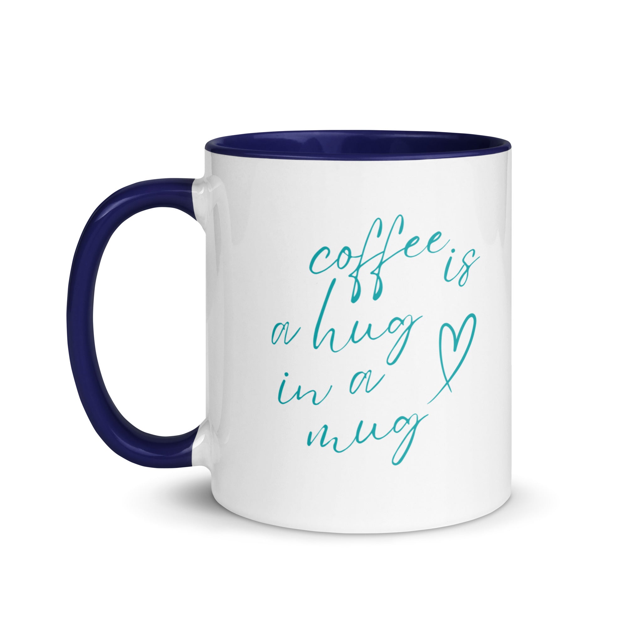 EverGrace Coffee Two-tone Ceramic Mug with Coffee is a Hug in a Mug design in 11 oz dark blue, left side view