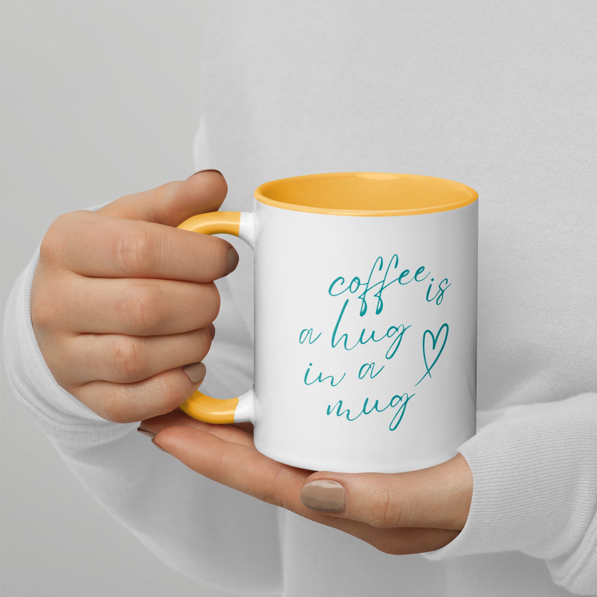 EverGrace Coffee Two-tone Ceramic Mug with Coffee is a Hug in a Mug design in 11 oz golden yellow, left side view